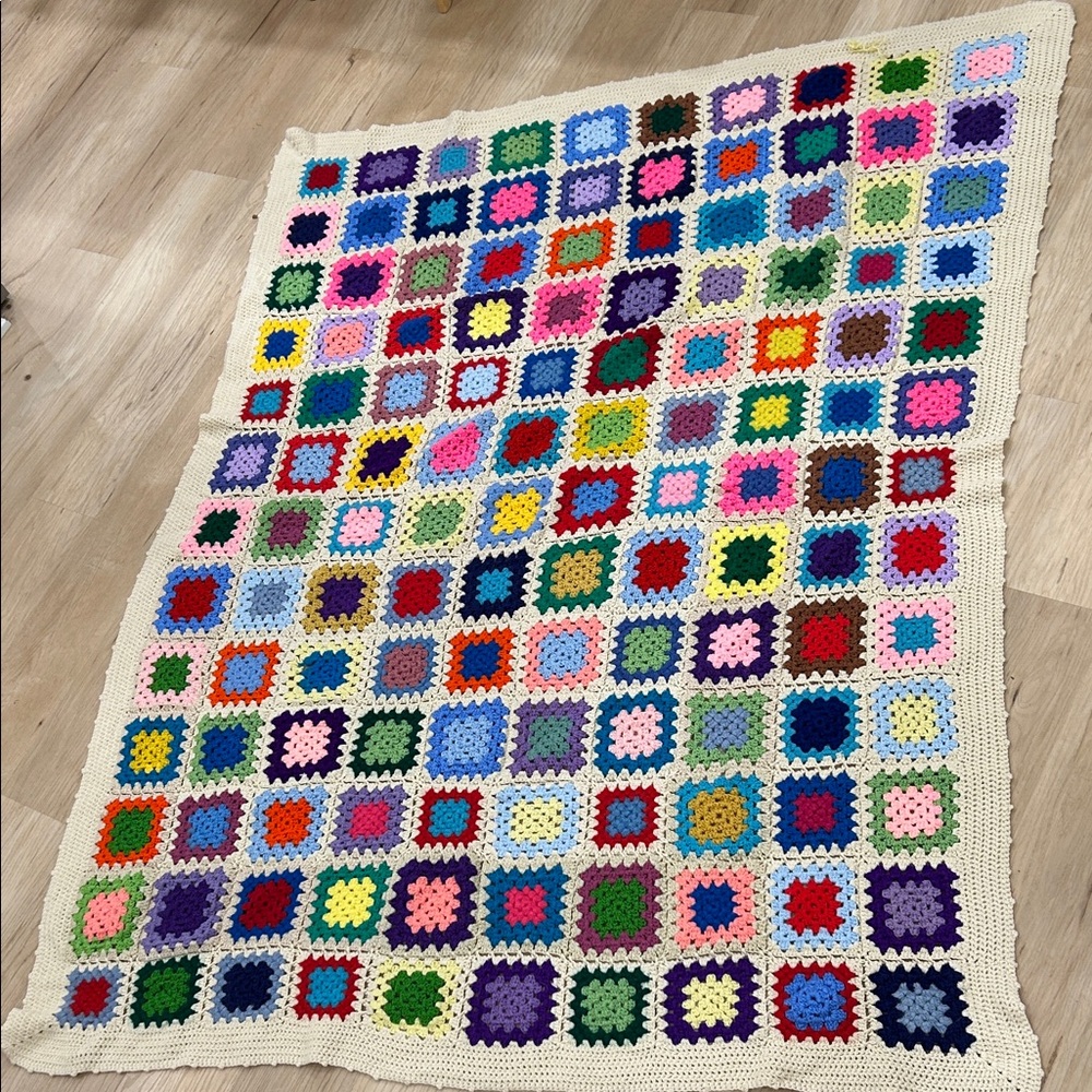 Handmade Multicolor Crochet Granny Square Quilt - Cream Border